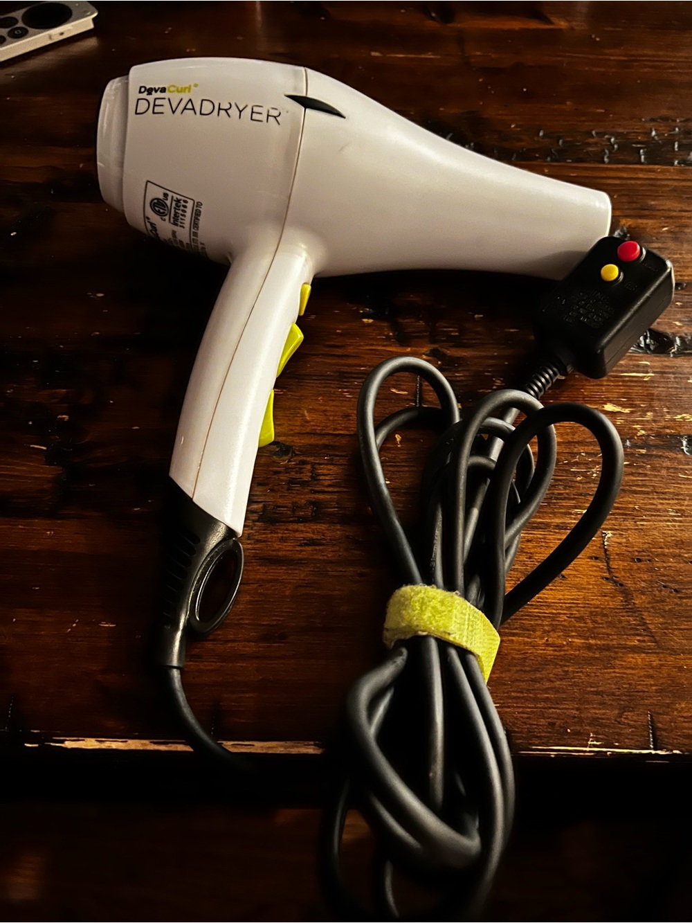 DevaCurl White Hair Dryer with Yellow Buttons